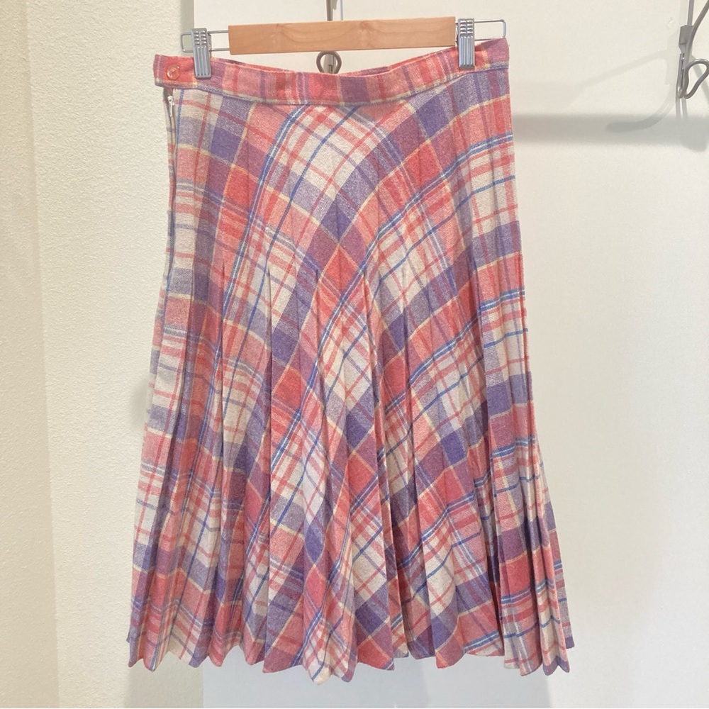 Vintage pleated skirt pink purple blue cream plaid wool midi skirt - Picture 11 of 12
